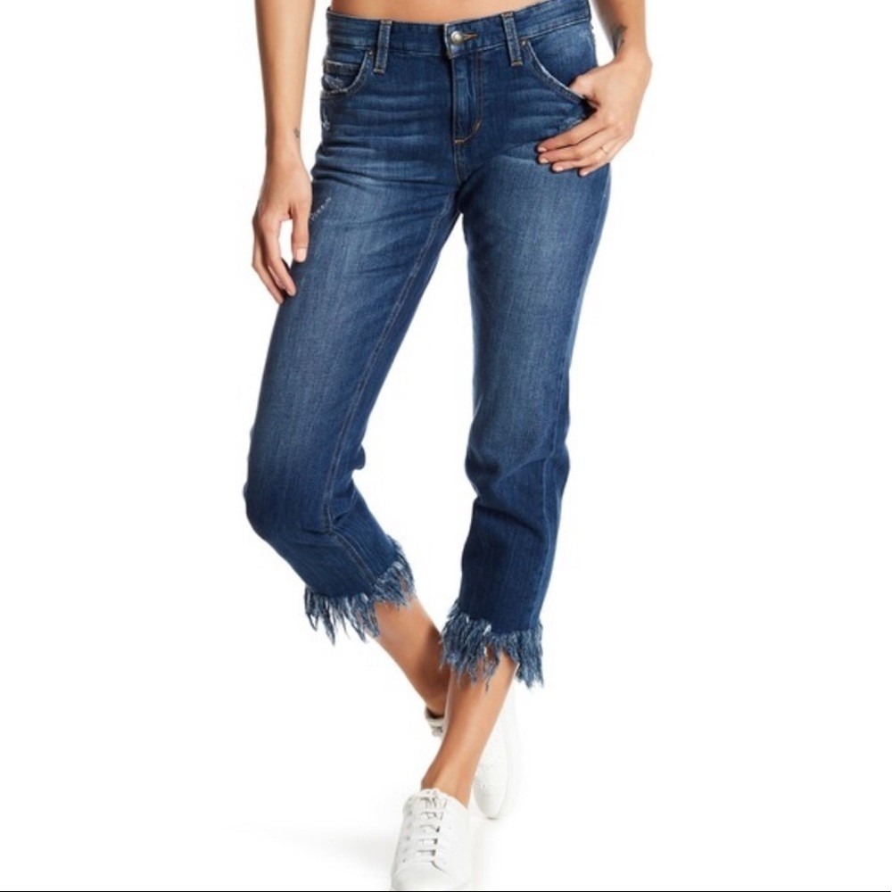 Joe's Jeans Ex Lover Crop Blue Denim Frayed Hem Mid Rise Jeans Womens 32